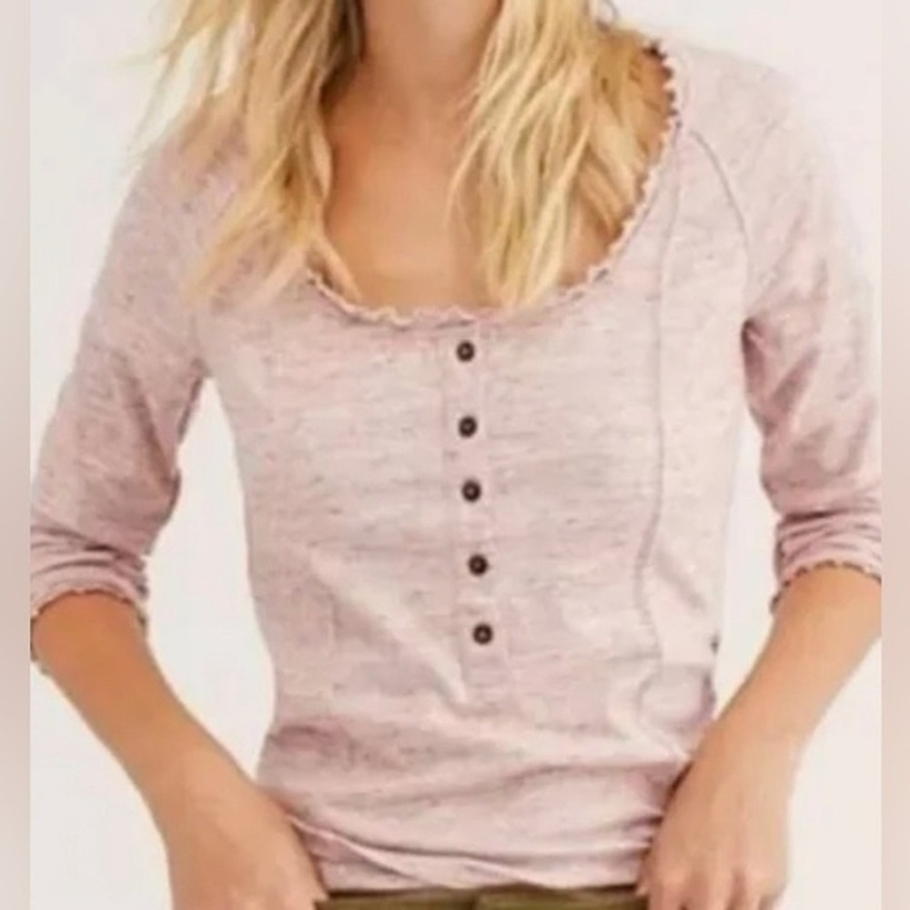 Free People Roxy Henley Top Long Sleeve Lettuce Trim Spacedye Rose Pink XS NWT